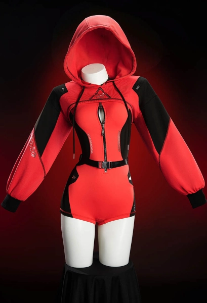 DP Superhero Derivative Sexy Cosplay Costume Cyberpunk Style Tight-fitting Yoga Sportswear Red and Black Bodysuit with Short Hoodie and Belt
