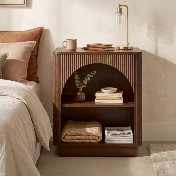20.9" W Modern Fluted Nightstand with 2-Tier Open Storage, Bedside Table for Bedroom, Living Room, Dark Walnut Finish