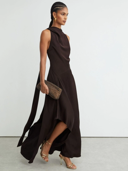 Reiss Grape Burgundy Sabine Satin Cape-Detail Maxi Dress - Size 4