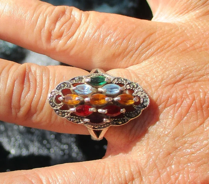 Size 8.25 Multi Stone and Ornate Sterling Silver Ring