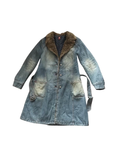 Y2K Vintage Miss Sixty Killah Denim Coat With Fur Collar Long Jacket size M-L