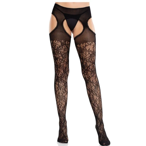 LEG AVENUE - FLORAL LACE STOCKINGS WITH GARTERS UNITED BLACK