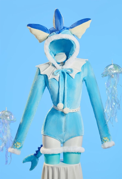 PM Derivative Fluffy Bodycon Romper Sexy Lingerie Blue Furry Hooded Bodysuit Jumpsuit Homewear with Tail Belt and Socks S-4XL