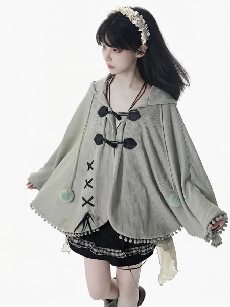 Mori Kei Dusty Green Hooded Cape with Pom-Pom Accents and Lace-Up Design
