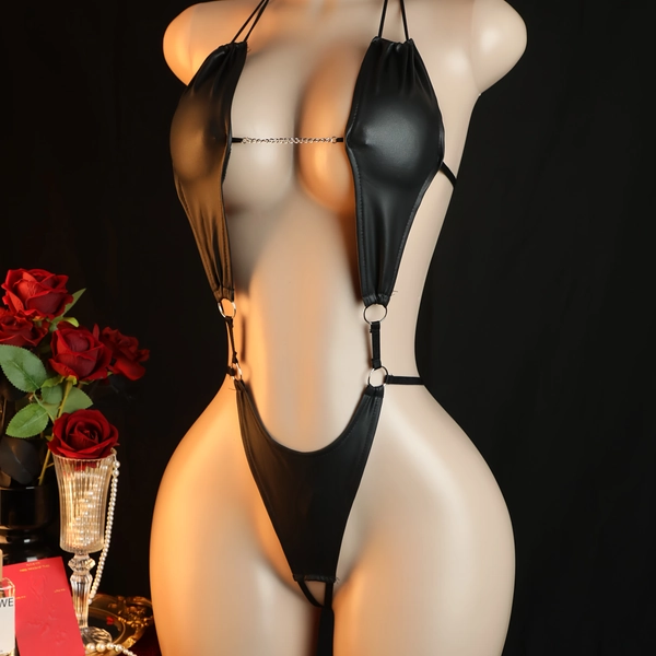 Sexy Bodysuit for Women, Sexy Semi-Sheer Metal Ring Linked Solid Color Teddy Bodysuit, Hot Backless Halter Backless Open Crotch Jumpsuit, Sexy Lingerie & Underwear for Women