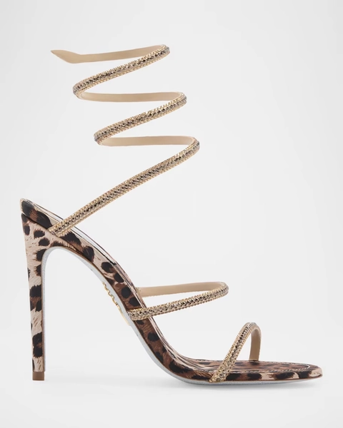 Rene Caovilla 105mm Cleo Leopard Satin Crystal Snake-Wrap Sandals