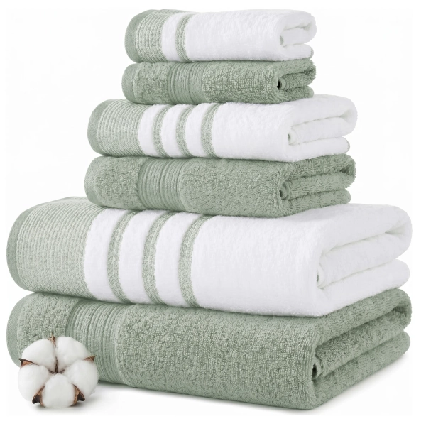Modern Threads 6 Piece Set, 2 Bath Towels, 2 Hand Towels, 2 Washcloths, Quick Dry White/Contrast Reinhart