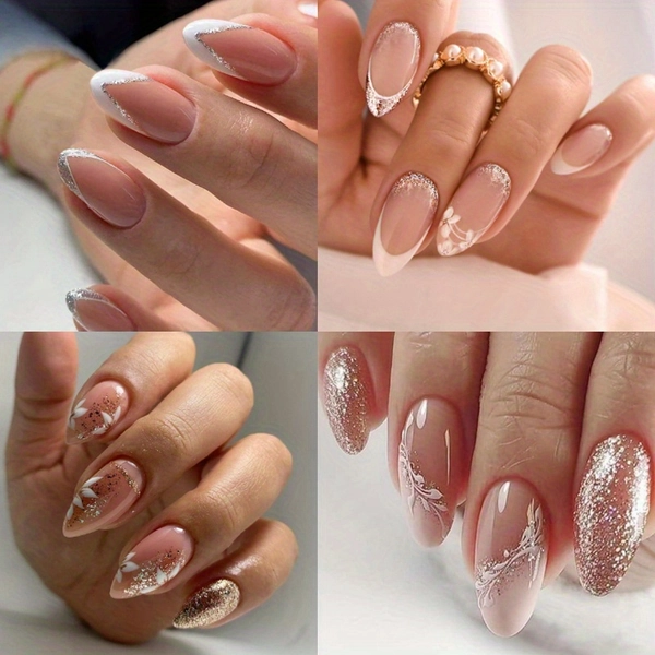 TEMU 96pcs (4pcs) Shiny Gradient Almond Pure Desire Fairy Fake , Wear Nail With Flower Pattern, Suitable For Women