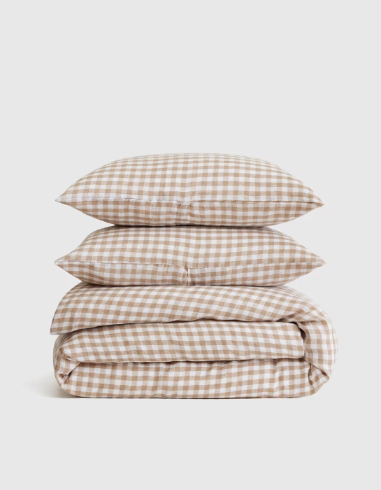 European Linen Gingham Duvet Cover Set in Cafe
