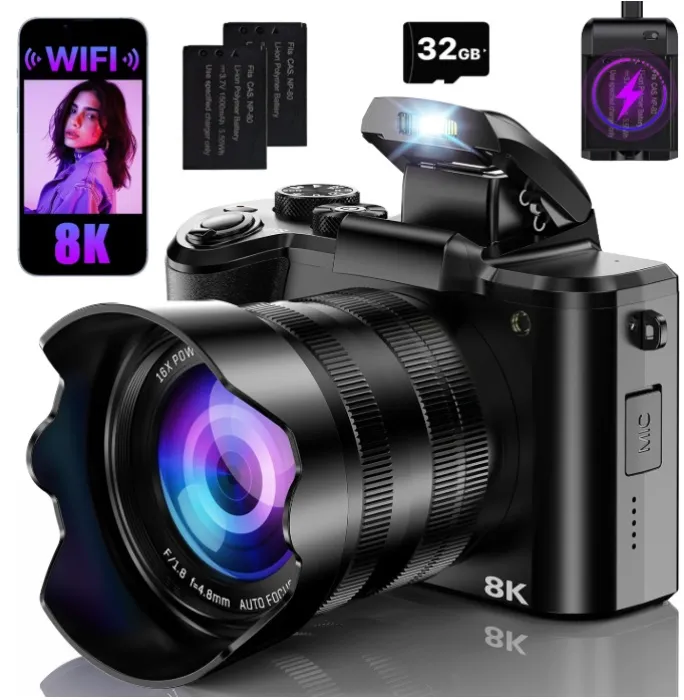 8K Digital Camera for Photography with WiFi, 88MP Autofocus for YouTube with Dual Lens, 16x Digital Zoom Point and Camera, 3.2" Touch Screen, Anti-Shake, 2
