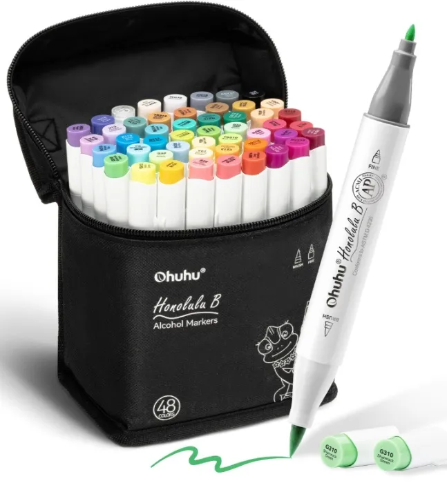 Ohuhu Alcohol Markers Brush Tip -Double Tipped Art Marker Set for Artist Adults Coloring Illustration -48 Colors -Brush & Fine -Honolulu B -Refillable