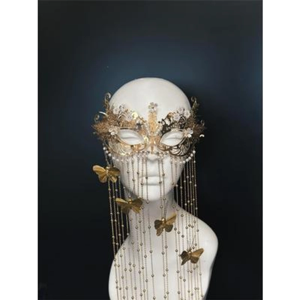 Gold Masquerade Mask with Floral Detail and Butterfly Chain Fringe