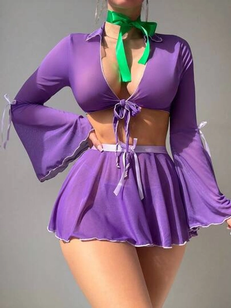 SHEIN 4pcs/Set Sexy Costume Purple Mesh Flare Sleeve Ruffled Dress Suit With Tie Cozy And Elegant Details