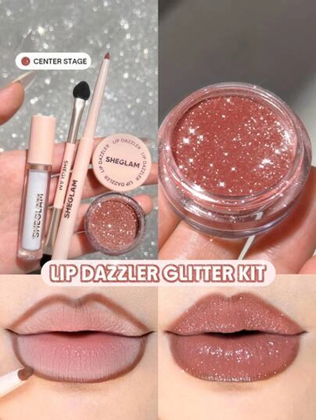 SHEGLAM Lip Dazzler Glitter Kit-Center Stage Long-Lasting Glitter Lip Gloss Sexy Super Stay Non-Sticky Shiny Liquid Kit Liquid Lipstick Pink Rosa Liquid Lipstick Brand Beauty Makeup Face Paint Cosmetic For Women Girls Perfect For Winter Ideal For Y2K Fancy Fashion Suitable For Birthday Christmas Gift Party Ready Best Color