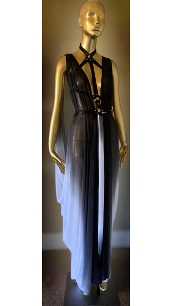 Grecian God dess Gown With Cage Harn ess in Sheer Black and White Mesh
