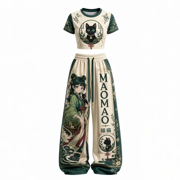 Women's Anime-print Set: Cropped Short-sleeve T-shirt And Wide-leg Trousers.