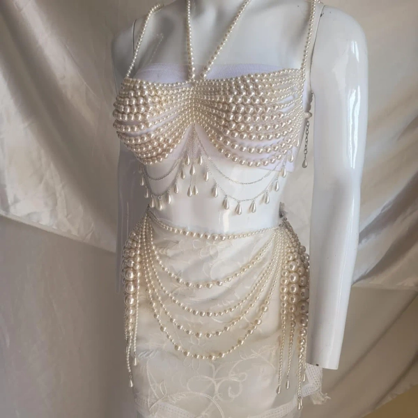 Handmade Pearl Bralette Set | Luxury Pearl Body Chain Outfit | Bridal Reception Wear | Statement Festival Outfit | Holiday Party Fashion