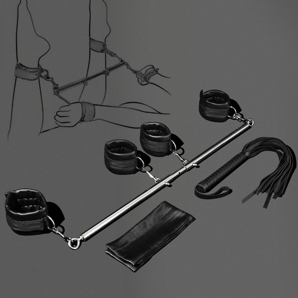 BDSM Bondage Restraint Kit - 4-Point Spread Bar, Leather Wrist & Ankle Cuffs, Leg Spreader, Flogger, Blindfold BDSM Bondage Sex Toys