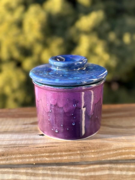 Hand Glazed French Butter Crock: Grape Splash and Azure Blue Butter Keeper