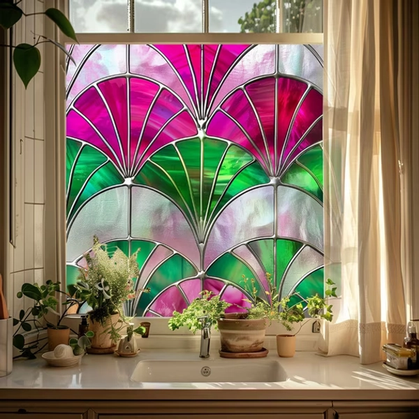Stained Glass Window Decal Colorful Art Decorative Cling Window Film Reusable Removable Fan‑Shaped Glass Sticker For Home Indoor Glass Surfaces