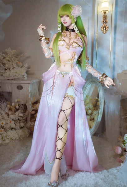 Code Giasu C.C. Cosplay Costume Pink Dress Set with Head Flower Socks