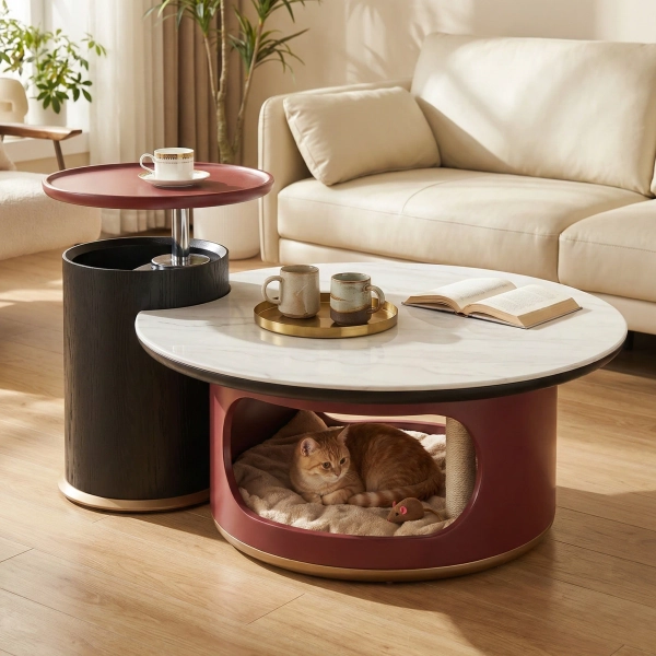 Modern 2 Piece Coffee Table Set with Lift Top Side Table and Round Cat House Coffee Table for Living Room No Assembly Nesting Tables