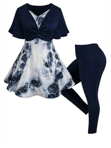 Plus Size Solid Color Patchwork Twist Design Simple Dress And Pants Casual 2pcs Set, For Summer