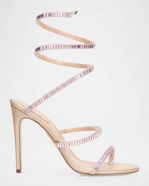 105mm Cleo Embellished Leather Snake-Wrap Sandals