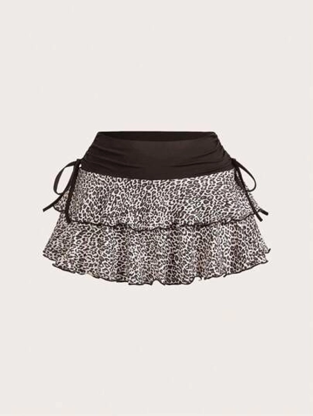 SHEIN EZwear Leopard Splicing Frill Hem Ruched Skirt