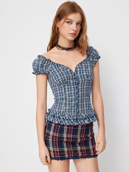 Sweetheart Tartan Ruched Lettuce Trim Layered Blouse