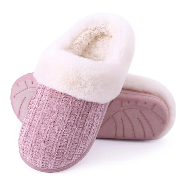 Litfun Fuzzy Slippers for Women Chenille Knit Fleece Slippers Memory Foam House Shoes, Pink, Size 8-9