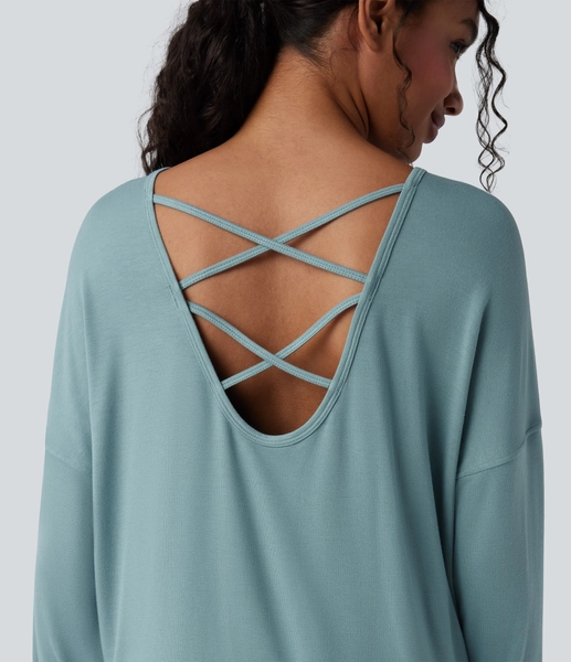 XS Stone Blue Round Neck Long Sleeve Thumb Hole Casual Sports Sweatshirt with Pockets