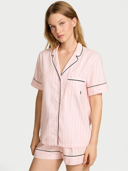 Pretty Blossom Pink Stripe Flannel Short Pyjamas Set