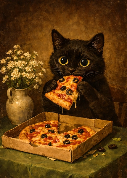 Displate - 'Vintage Black Cat Eating Pizza' Poster, picture, metal print, paint by Gardinia