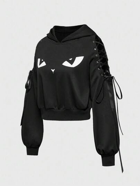 Goth Sudadera corta con capucha de mujer con estampado de expresión de gato, decoración de tirante con orejas de gato estilo gótico lindo para Halloween