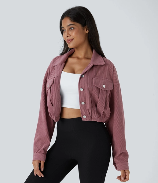 XS Deco Rose Pocket Cropped Corduroy Casual Jacket