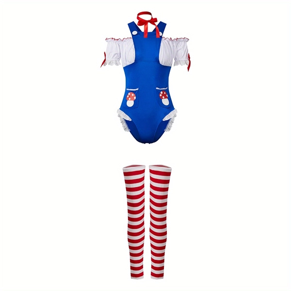 Halloween Cosplay Outfit Featuring a Jumpsuit with Cold Shoulder And Short Sleeves, Complemented by Striped Leg Warmers, a Hat, And a Choker.