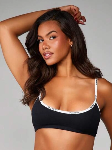 Missguided x Playboy Cami Top With Contrast Logo Trim Sleeveless Crop Style Casual Summer Basic Black Top