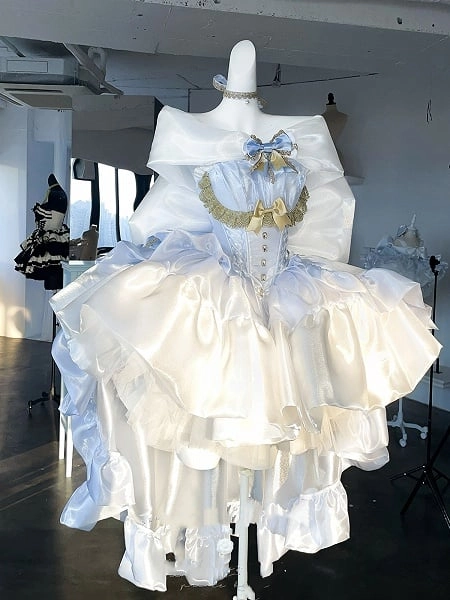 [$84.00]White and Blue Princess Balletcore Off-the-shoulder Neckline Corset Bodice Dress