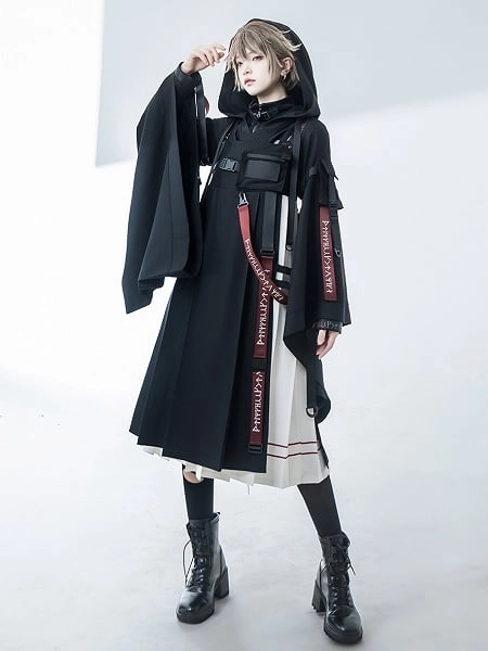 [$69.00]Futuristic Techwear Buckle Details Black and White Pleated JSK Dress