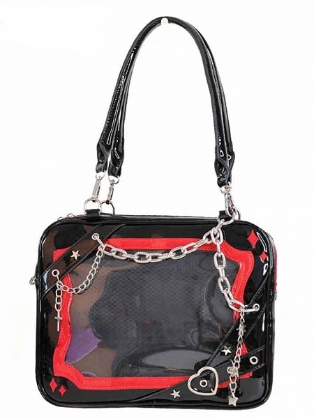 [$48.00]Black & Red Crisscross Strap Ita Shoulder Bag with Cross Charm Chain