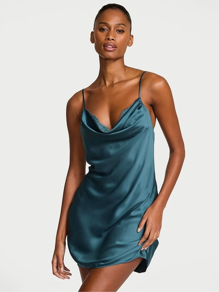 Teal Haze Blue Satin Lace Trim Draped Slip Dress