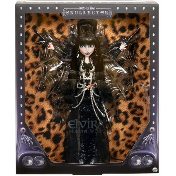 Monster High Doll, Elvira, Mistress of The Dark Collectible in Black Faux Leather Dress with Silvery Batwing Cape and Premium Accessories