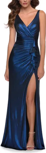 La Femme Metallic Jersey Gown with Ruffle Detail