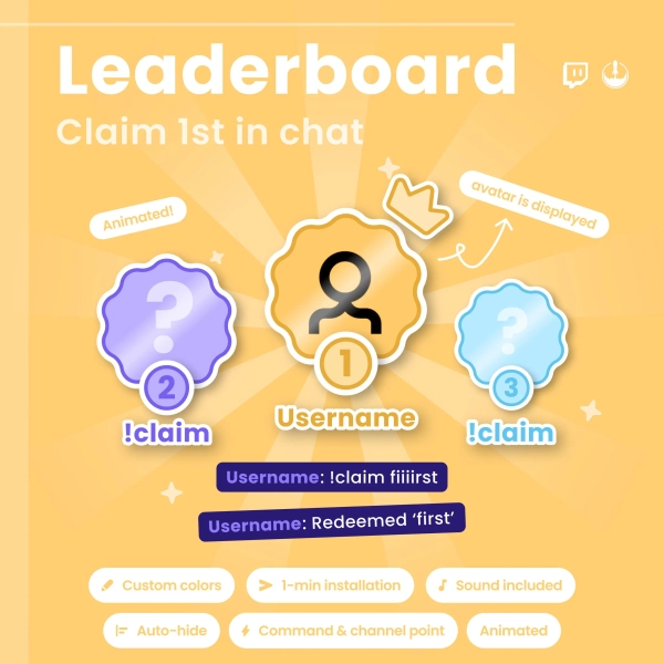 Leaderboard Twitch widget: Interactive Stream Overlay for first in chat (Digital Download)