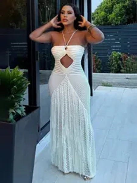 Women’s Crochet Knit Maxi Dress with Fringe Sexy see through Cutout Halter Backless Boho Style Beach Party Vacation Summer Outfit Resort Wear