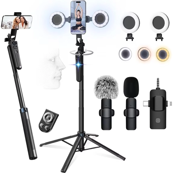 Vlogging Kit for iPhone/Android, 63βAuto Face Tracking Tripod for iPhone with Light, Microphones, Scrolling Remote Control for TikTok, Content Creator Kit for YouTube Starter Live Streaming