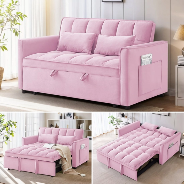 Anpport 3-in-1 Convertible Sleeper Sofa Bed, Pull-Out Loveseat Couch with Adjustable Back for Small Spaces, Velvet Fabric, 55", Pink - Walmart.com