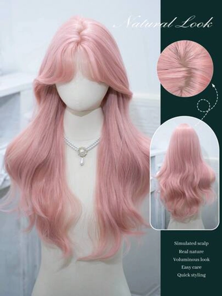 1 Synthetic Heat-Resistant Wavy Wig, Pink Wig, Made Of Fiber With Bangs At The Center, Suitable For Daily Use, Natural And Realistic Fake Wig (Excluding Accessories).