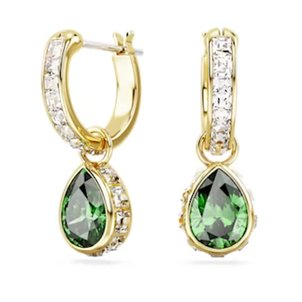 Chroma drop earrings, Pear cut, Green, Gold-tone plated